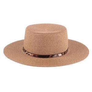 Brown Panama Brim Hat With Leopard Strap Accent